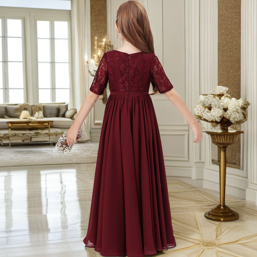 Classic Scoop Neck Half Sleeve Lace/Chiffon Floor-Length Junior Bridesmaid Dress/Girls Birthday Dresses With Belt Gidiondress