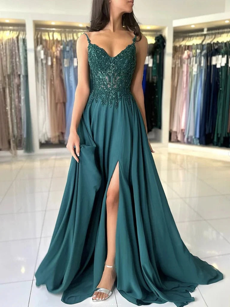 A Line V Neck Dark Green Lace Prom Dresses, A Line V Nec Dark Green Lace Formal Evening Dresses BabaMila