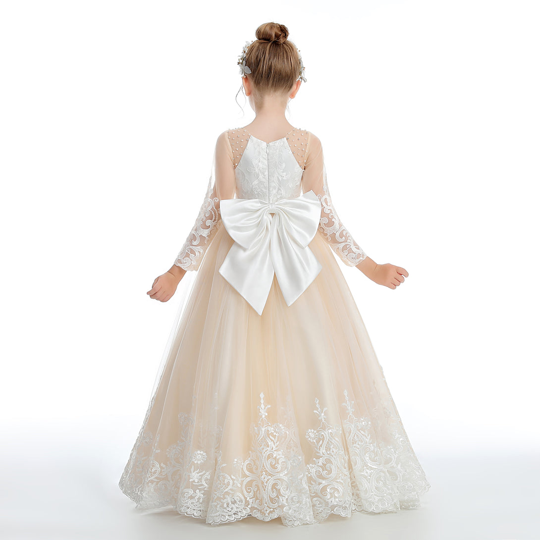 Ball Gown/Princess Long Sleeve Scoop Neck Floor-Length Lace/Tulle/Satin Flower Girl Dresses/First Communion Dress With Appliques/Beads/Bow Girls Gidiondress