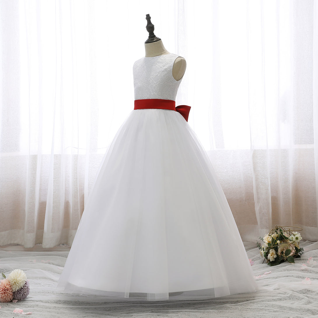 Boat Neck Sleeveless Floor-Length Lace/Satin/Tulle Ball Gown/Princess Dresses With Belt/Bow Gidiondress