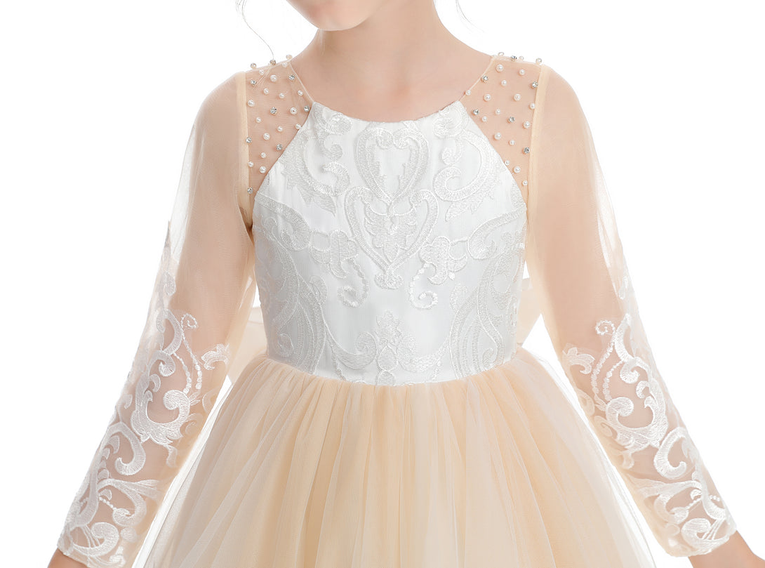 Ball Gown/Princess Long Sleeve Scoop Neck Floor-Length Lace/Tulle/Satin Flower Girl Dresses/First Communion Dress With Appliques/Beads/Bow Girls Gidiondress