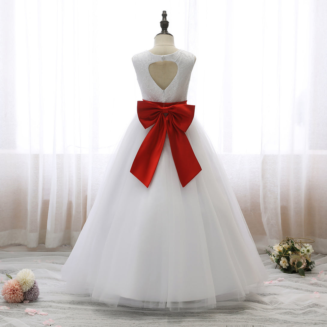 Boat Neck Sleeveless Floor-Length Lace/Satin/Tulle Ball Gown/Princess Dresses With Belt/Bow Gidiondress