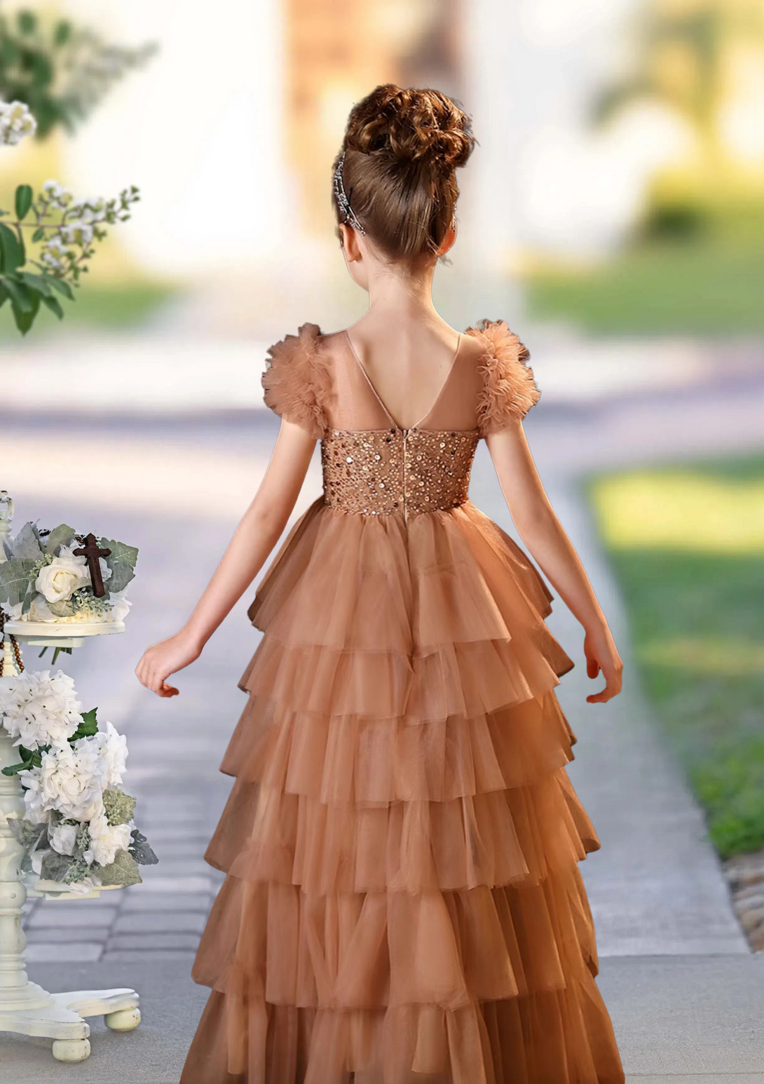 Girl's Cake Dresses Scoop Neck Flutter Straps Floor-Length Tulle/Sequins Holiday＆Christmas Dresses With Sequins Girls Gidiondress