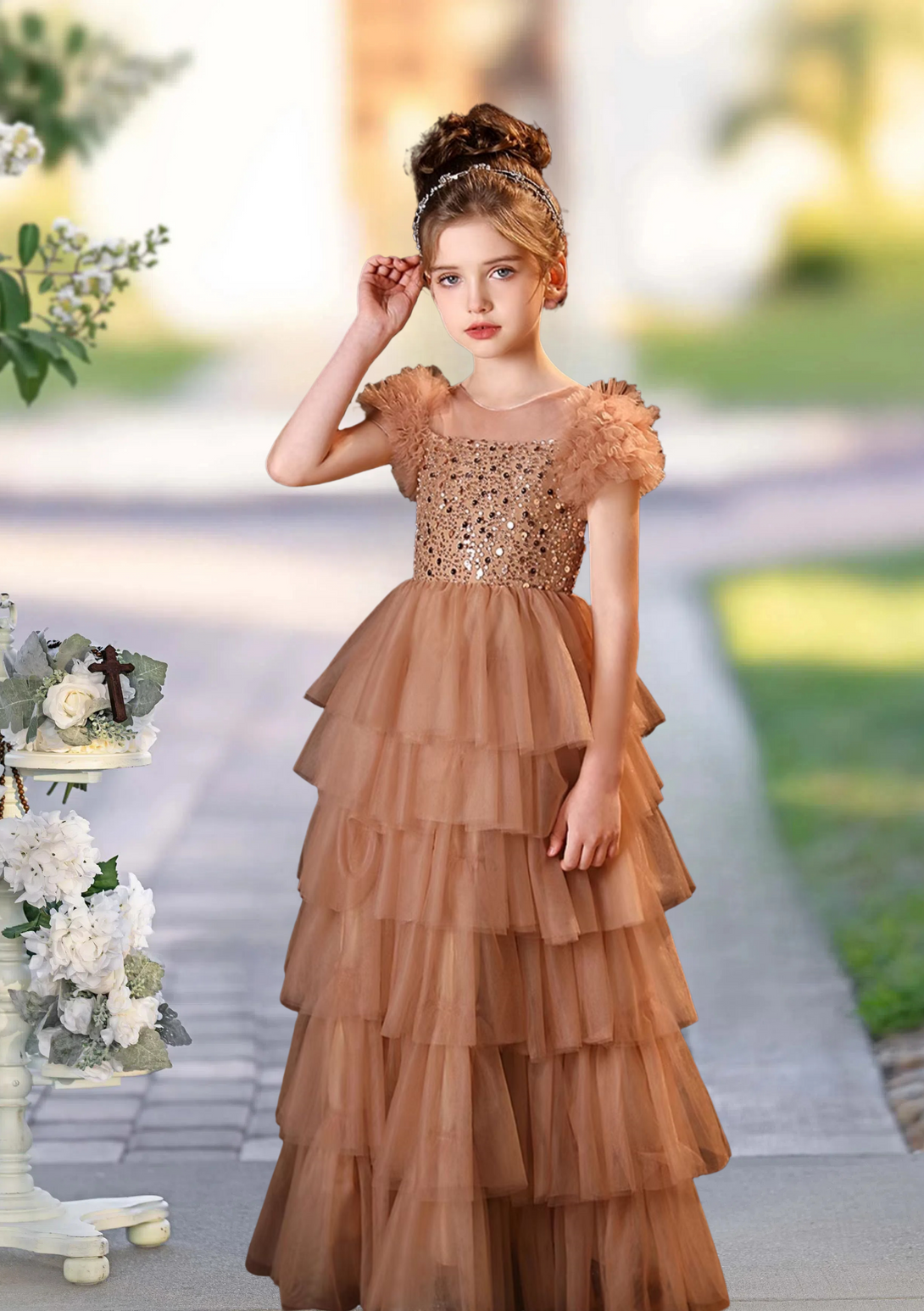 Girl's Cake Dresses Scoop Neck Flutter Straps Floor-Length Tulle/Sequins Holiday＆Christmas Dresses With Sequins Girls Gidiondress