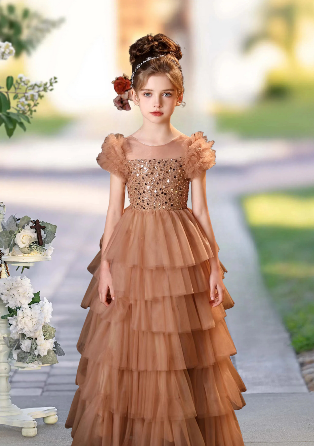Girl's Cake Dresses Scoop Neck Flutter Straps Floor-Length Tulle/Sequins Holiday＆Christmas Dresses With Sequins Girls Gidiondress
