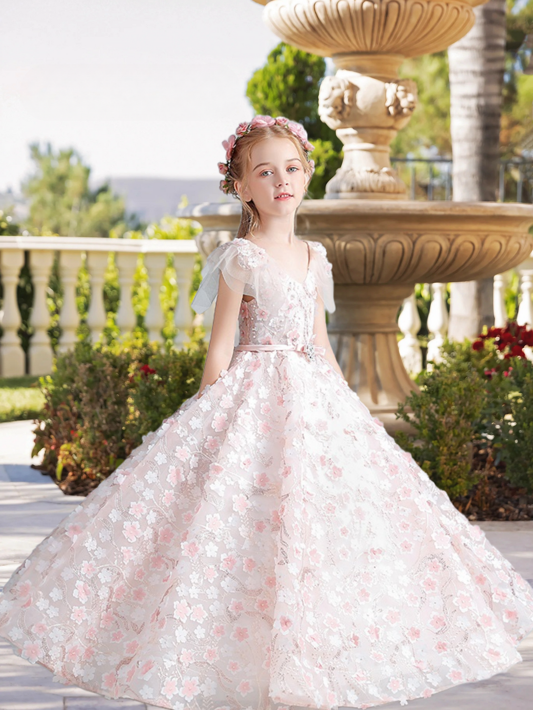 Exquisite V-Neck Flutter Straps Floor-Length Satin/Lace/Tulle Girls Birthday Dresses With Belt/Appliques/3D Flower Gidiondress