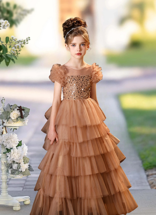 Girl's Cake Dresses Scoop Neck Flutter Straps Floor-Length Tulle/Sequins Holiday＆Christmas Dresses With Sequins Girls Gidiondress as picture 12M
