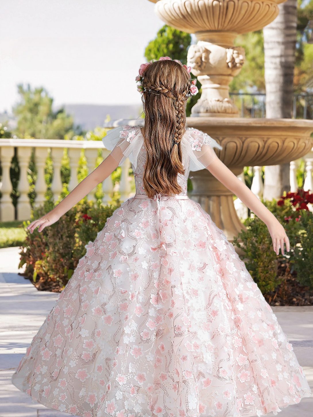 Exquisite V-Neck Flutter Straps Floor-Length Satin/Lace/Tulle Girls Birthday Dresses With Belt/Appliques/3D Flower Gidiondress