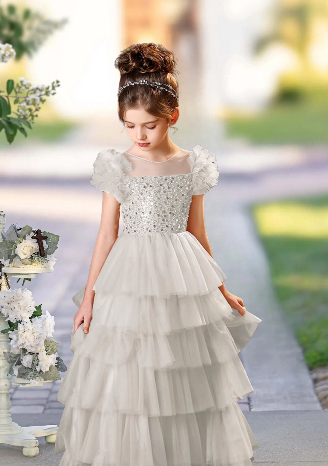 Girl's Cake Dresses Scoop Neck Flutter Straps Floor-Length Tulle/Sequins Holiday＆Christmas Dresses With Sequins Girls Gidiondress Ivory 12M