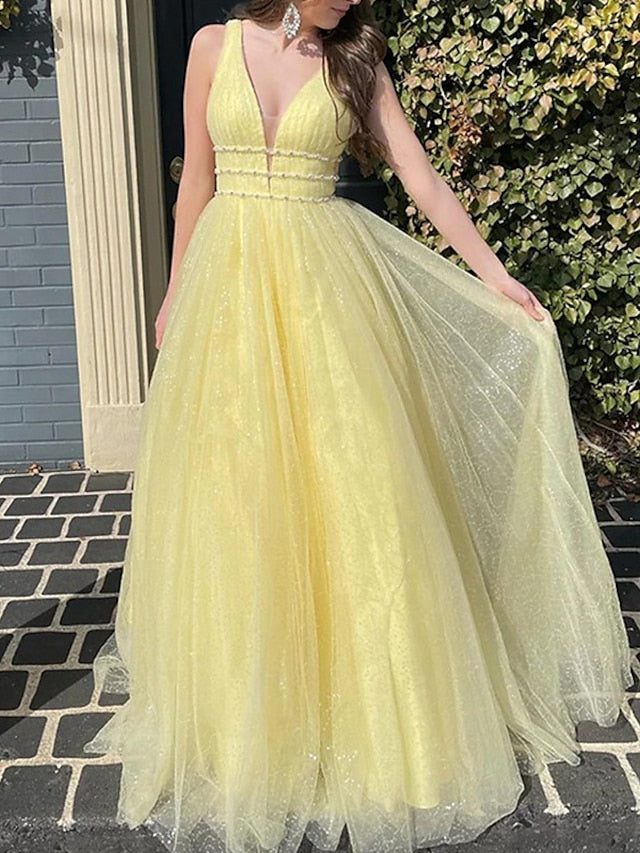 A-Line/Princess V-Neck Floor-length Prom Dresses With Sequins BabaMila
