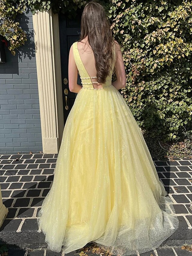 A-Line/Princess V-Neck Floor-length Prom Dresses With Sequins BabaMila