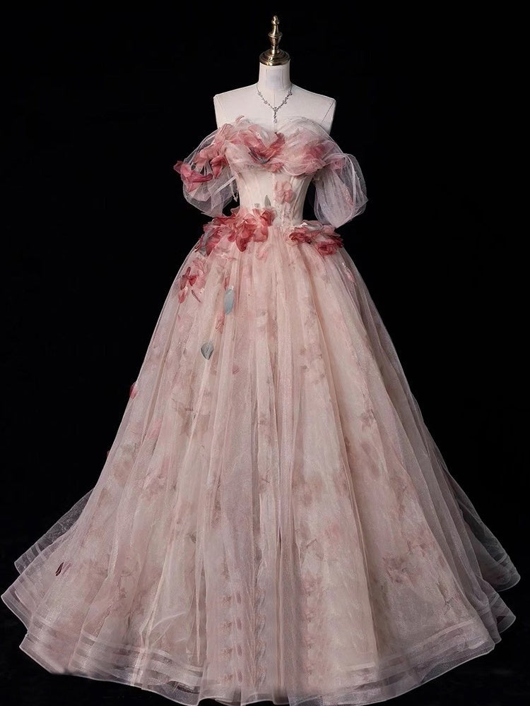 Ball Gown Off-The-Shoulder Sweetheart Neck Floor-length Floral Long Prom Dresses with Flowers BabaMila