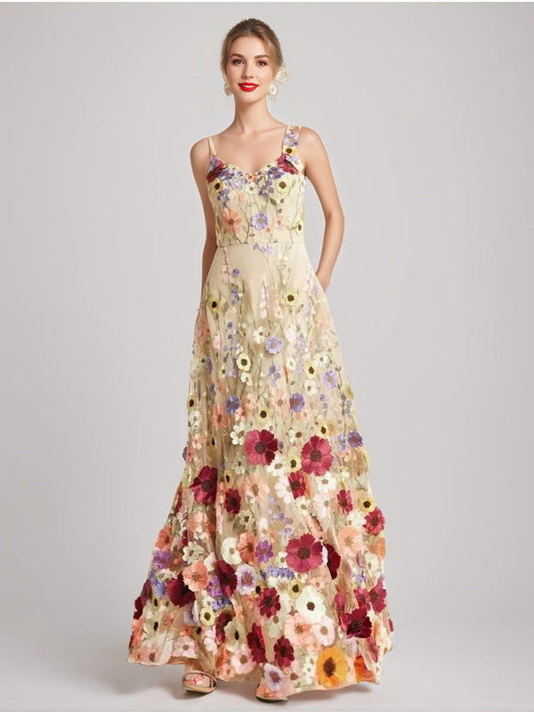 A-Line/Princess Spaghetti Straps Sleeveless Floor-Length Stylish Evening Dresses With Printed Flower BabaMila