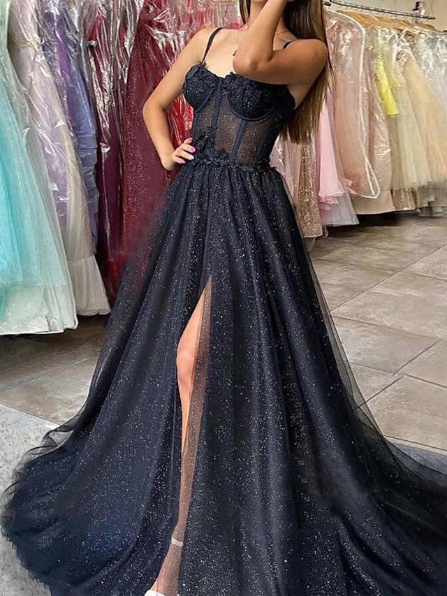 A-Line/Princess Spaghetti Straps Long Prom Dresses With Appliques BabaMila