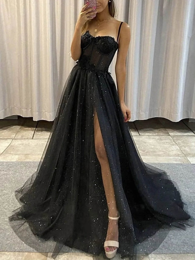 A-Line/Princess Spaghetti Straps Long Prom Dresses With Appliques BabaMila