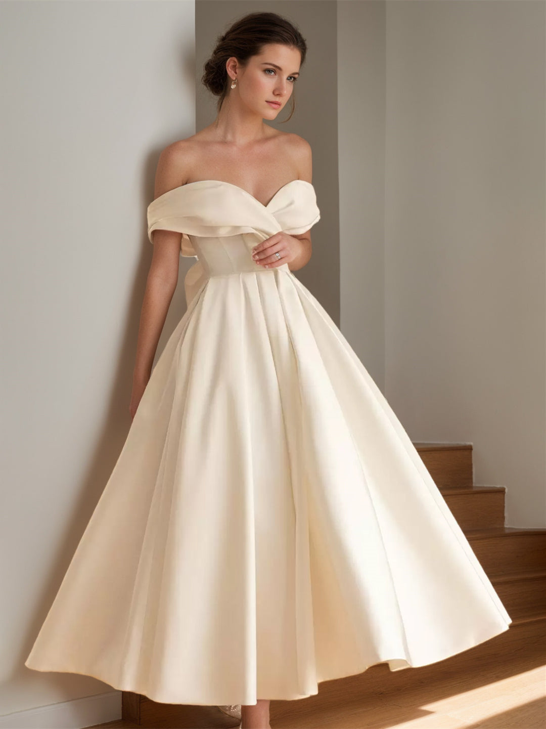 A-Line/Princess Sweetheart Off-the-shoulder Ankle-Length Wedding Dress With Bowknot BabaMila