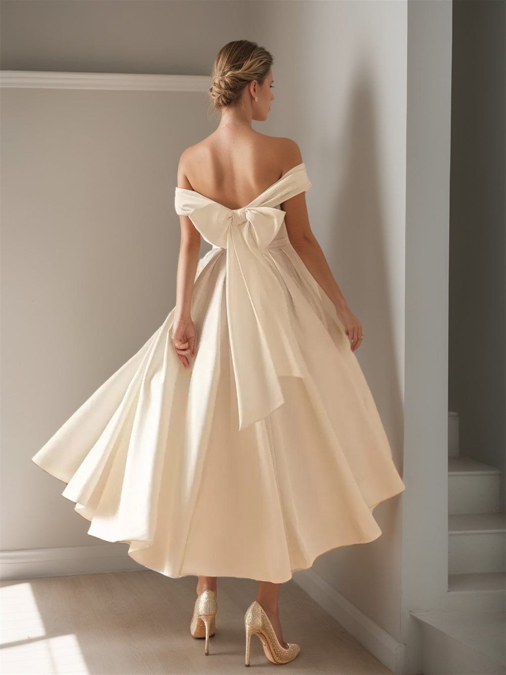 A-Line/Princess Sweetheart Off-the-shoulder Ankle-Length Wedding Dress With Bowknot BabaMila