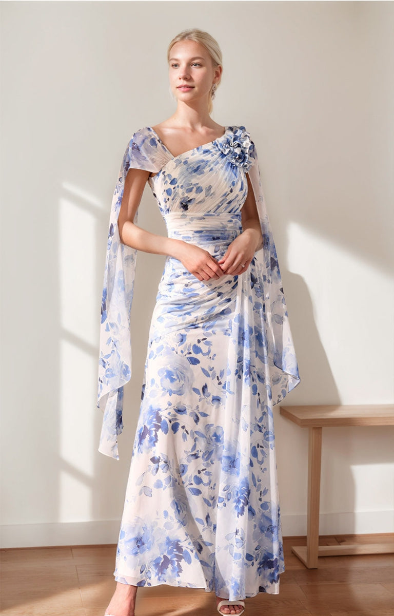 A-Line/Princess V-Neck Pleated Printed Floral Mother Of The Bride Dresses With Ruffles & 3D Flower BabaMila