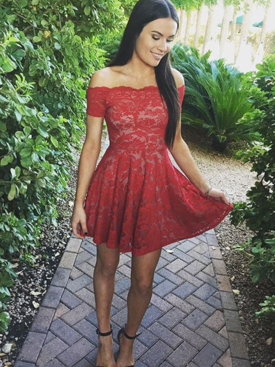 Red Homecoming Dress A-line Off-the-shoulder Short Mini Dress Lace Prom Dress Party Dress Homecoming Dress BabaMila