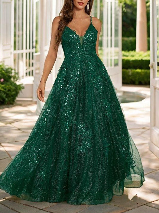 A-Line/Princess V-Neck Spaghetti Straps Floor-length Long Prom Dresses With Sequins BabaMila