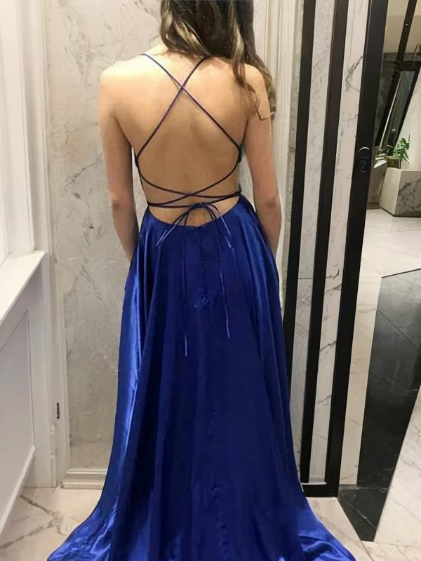 A-Line/Princess Spaghetti Straps Scoop Neck Floor-length Long Prom Dresses With Split Side BabaMila