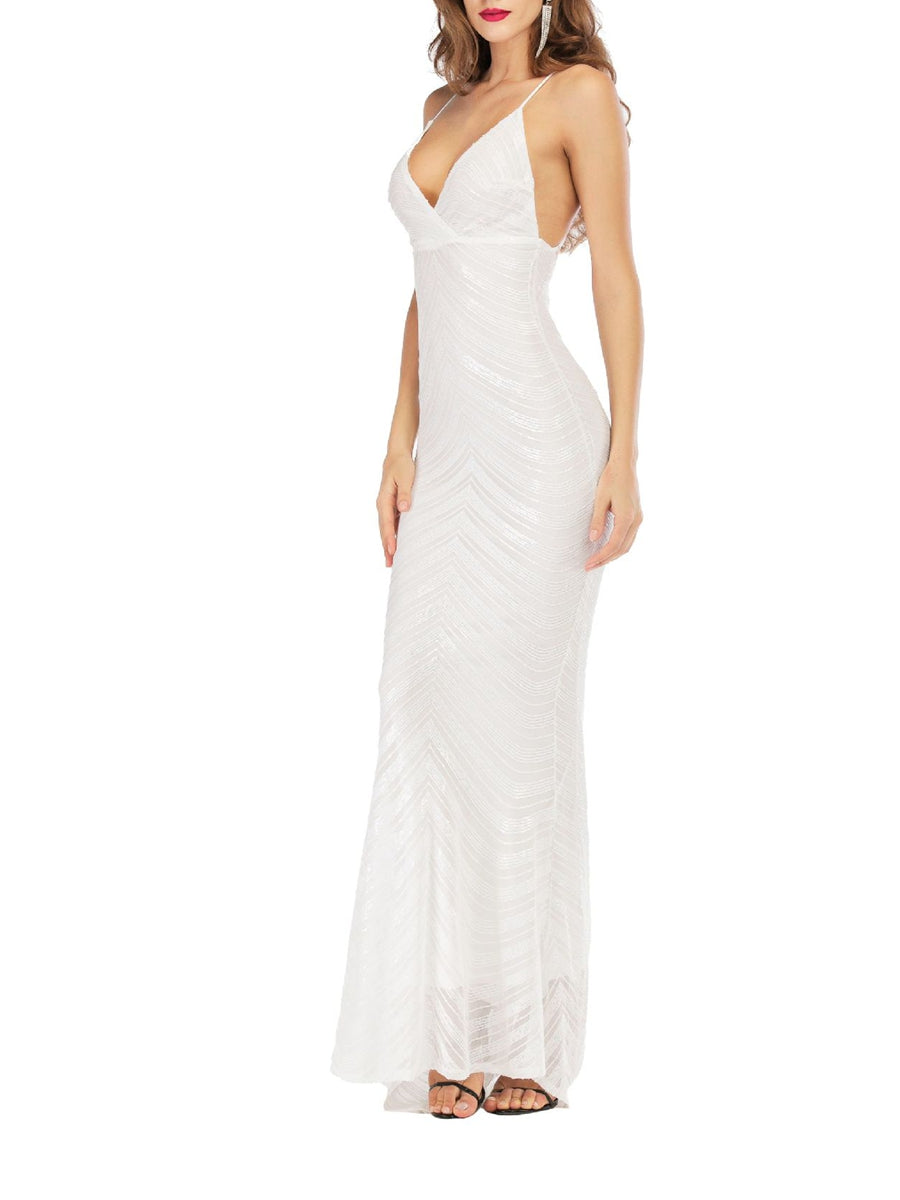 Sheath/Column Spaghetti Straps Floor-Length Retro Prom Dresses with Stripe/Opened Back BabaMila