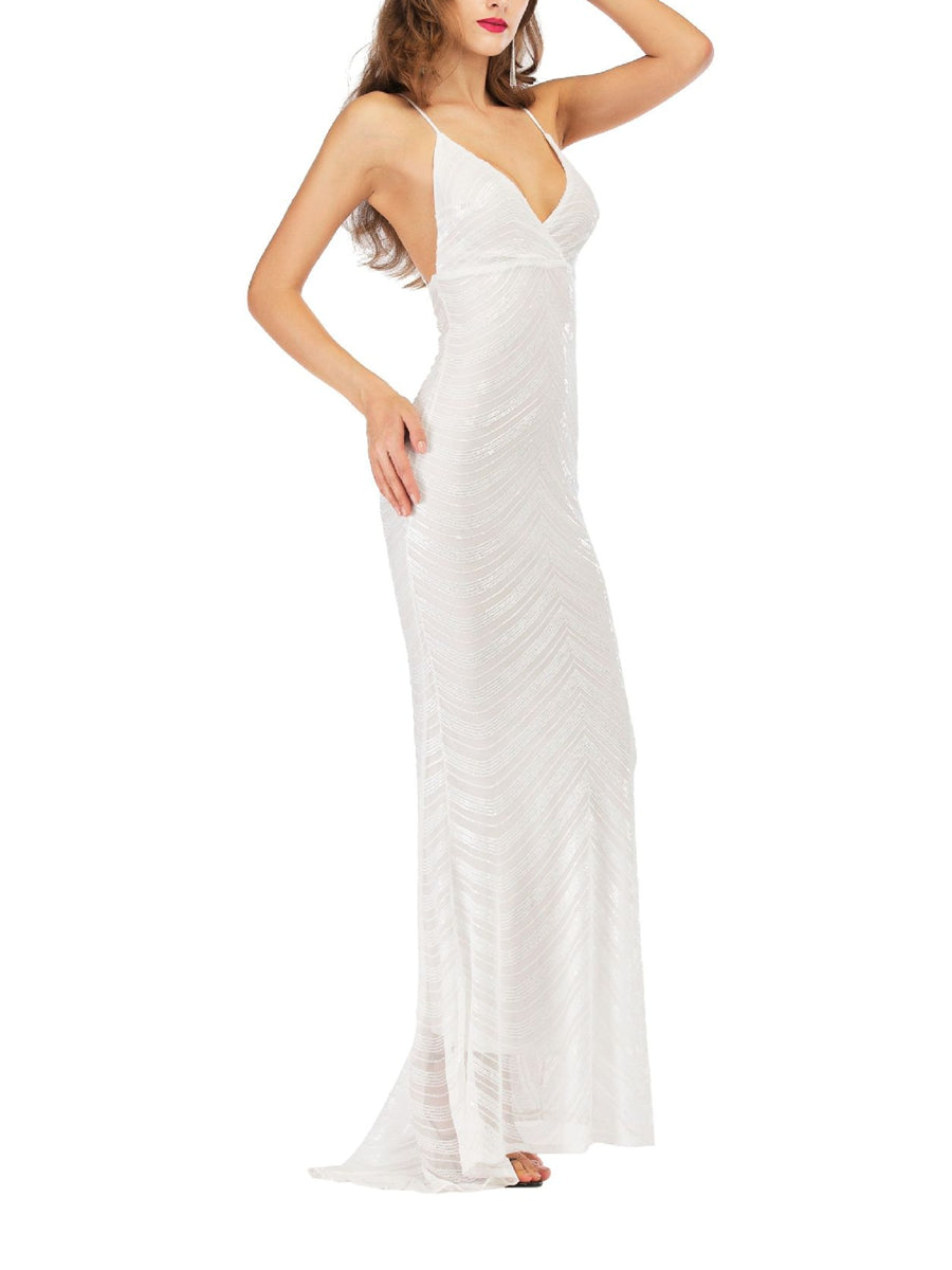 Sheath/Column Spaghetti Straps Floor-Length Retro Prom Dresses with Stripe/Opened Back BabaMila