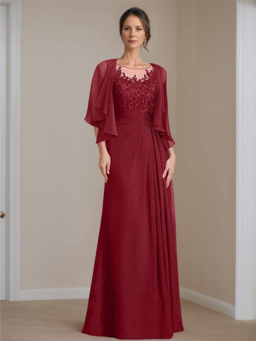A-Line/Princess Scoop Floor-Length Mother Of The Bride Dresses With Pleated & Sequins BabaMila