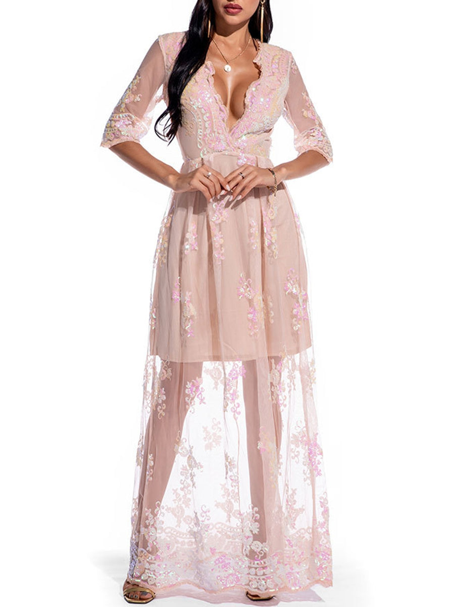A-Line/Princess V-Neck Half Sleeve Sexy Prom Dresses with Lace/Appliques BabaMila
