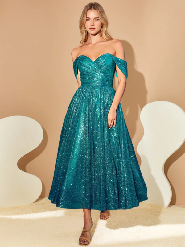 A-Line/Princess Sweetheart Off-the-Shoulder Sleeveless Tea-length Prom Cocktail Dresses with Sequins BabaMila