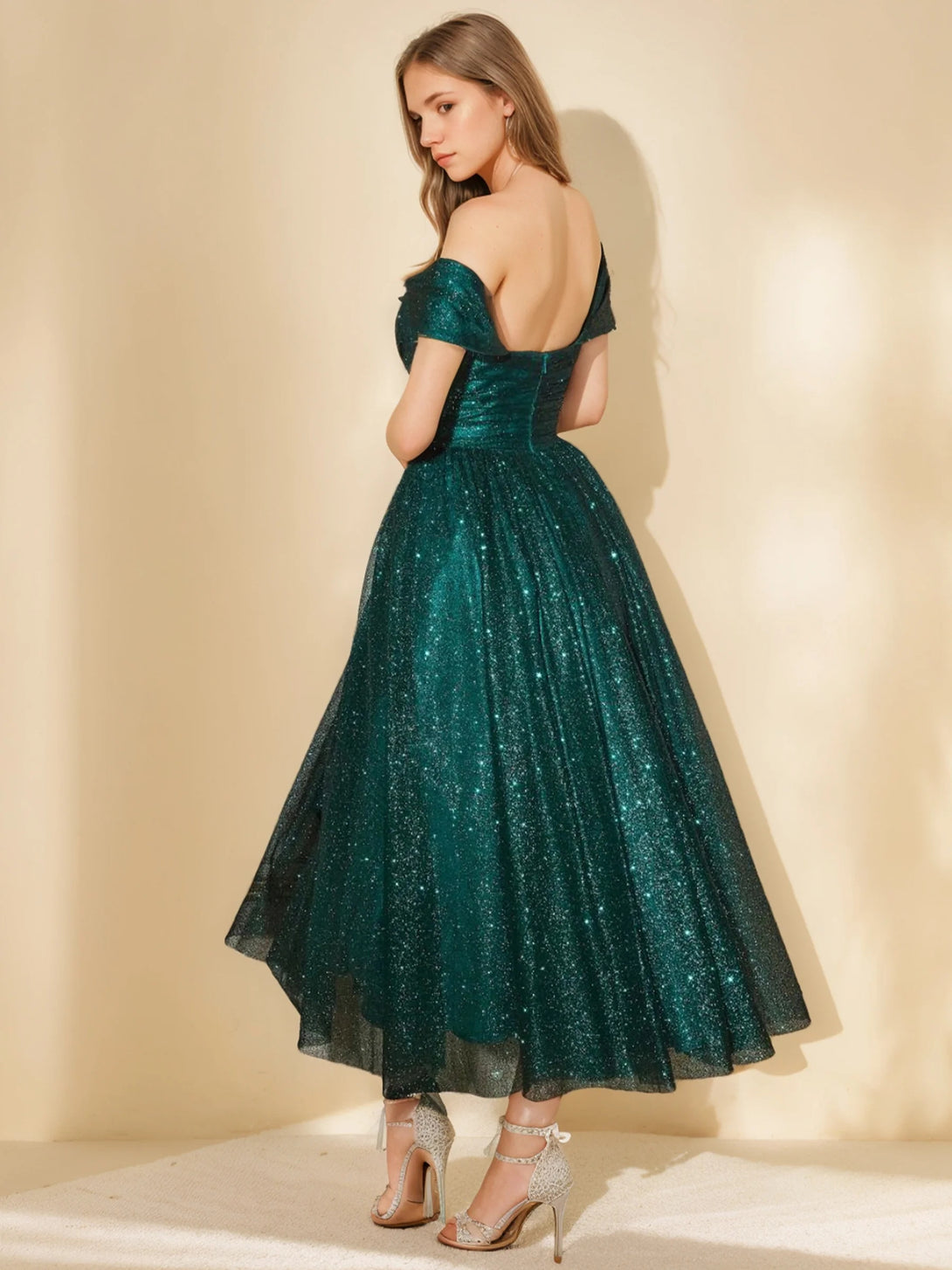 A-Line/Princess Sweetheart Off-the-Shoulder Sleeveless Tea-length Prom Cocktail Dresses with Sequins BabaMila