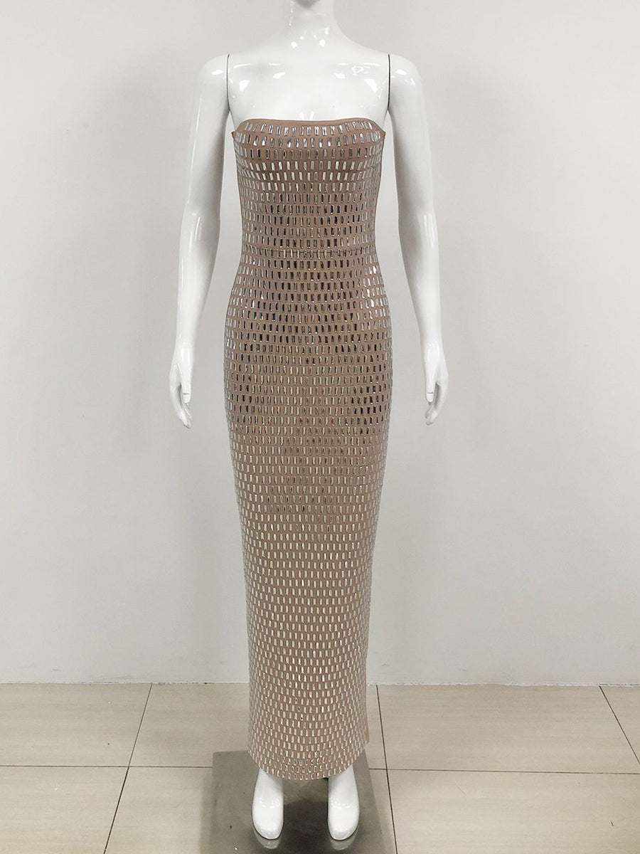 Sheath/Column Strapless Sleeveless Luxurious Long Prom Dresses with Rhinestone BabaMila