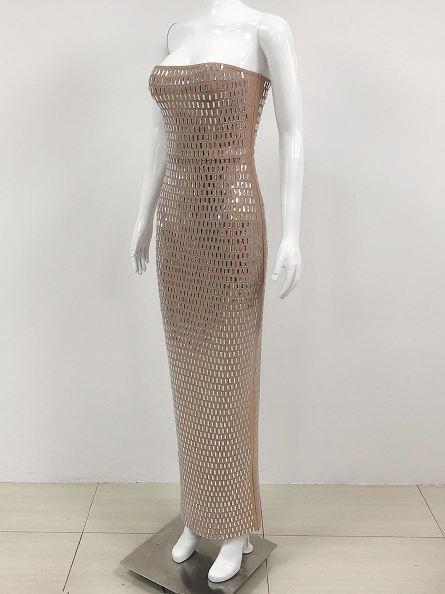 Sheath/Column Strapless Sleeveless Luxurious Long Prom Dresses with Rhinestone BabaMila