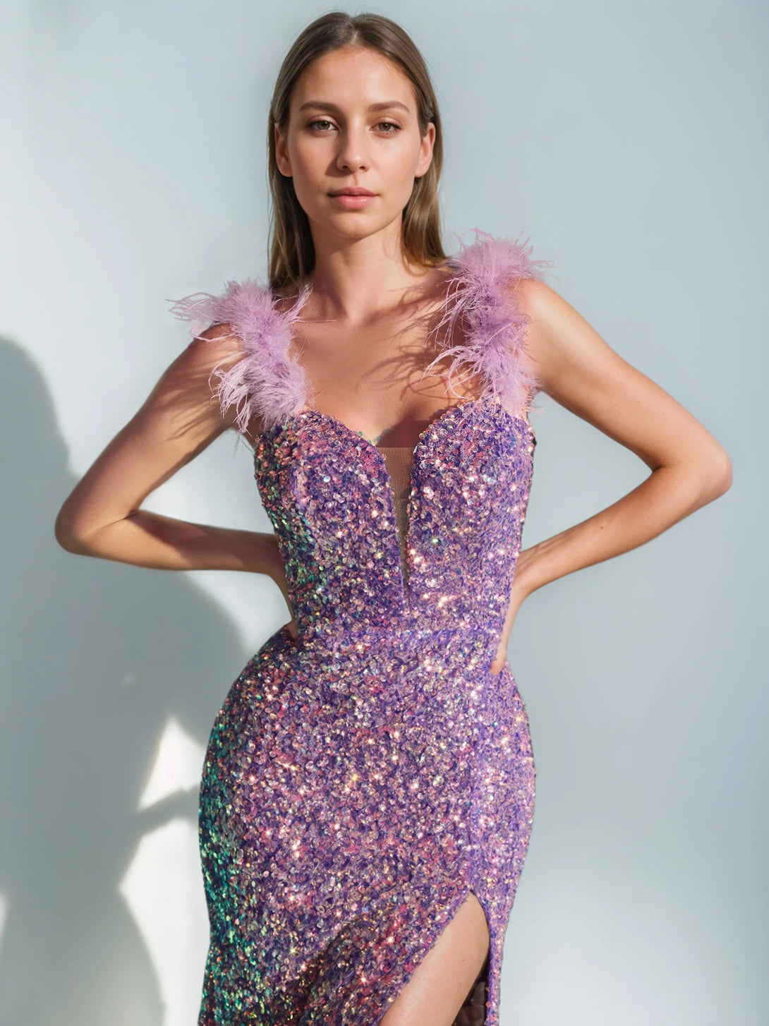 Sheath/Column V-Neck Evening Dresses Sleeveless Floor-Length Prom Party Dresses With Sequins & Feather BabaMila