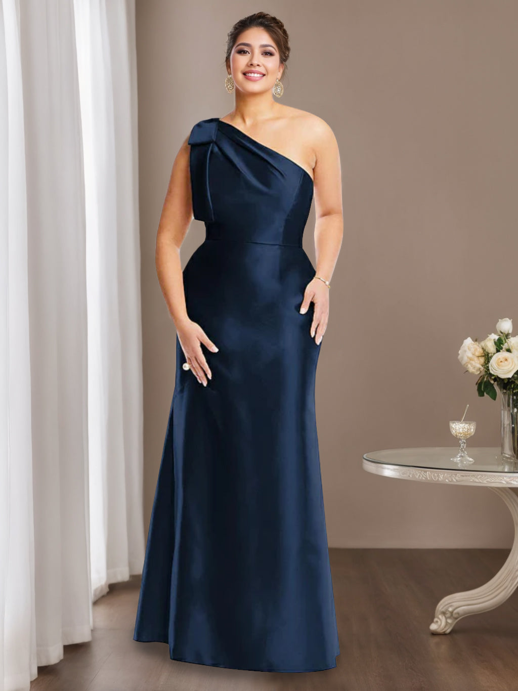 Sheath/Column One-Shoulder Sleeveless Satin Plus Size Mother Of The Bride Dresses With Bowknot BabaMila