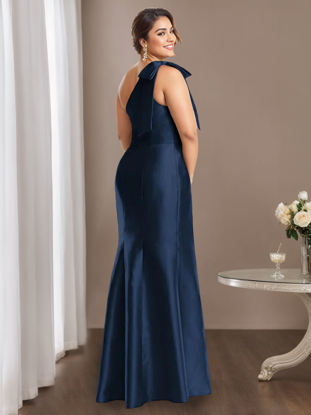 Sheath/Column One-Shoulder Sleeveless Satin Plus Size Mother Of The Bride Dresses With Bowknot BabaMila