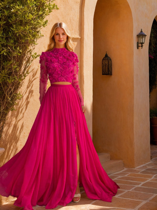 A-Line/Princess High Neck Long Sleeve Long Prom Dresses With Split Side/Appliques BabaMila