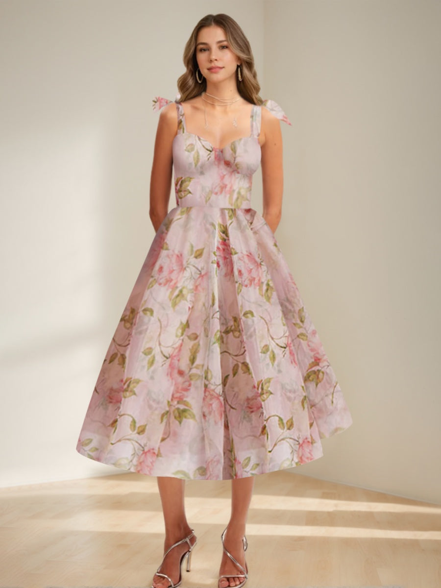 A-Line/Princess Sweetheart Tea-Length Printed Floral Elegant Prom Dresses with Bowknot Straps BabaMila