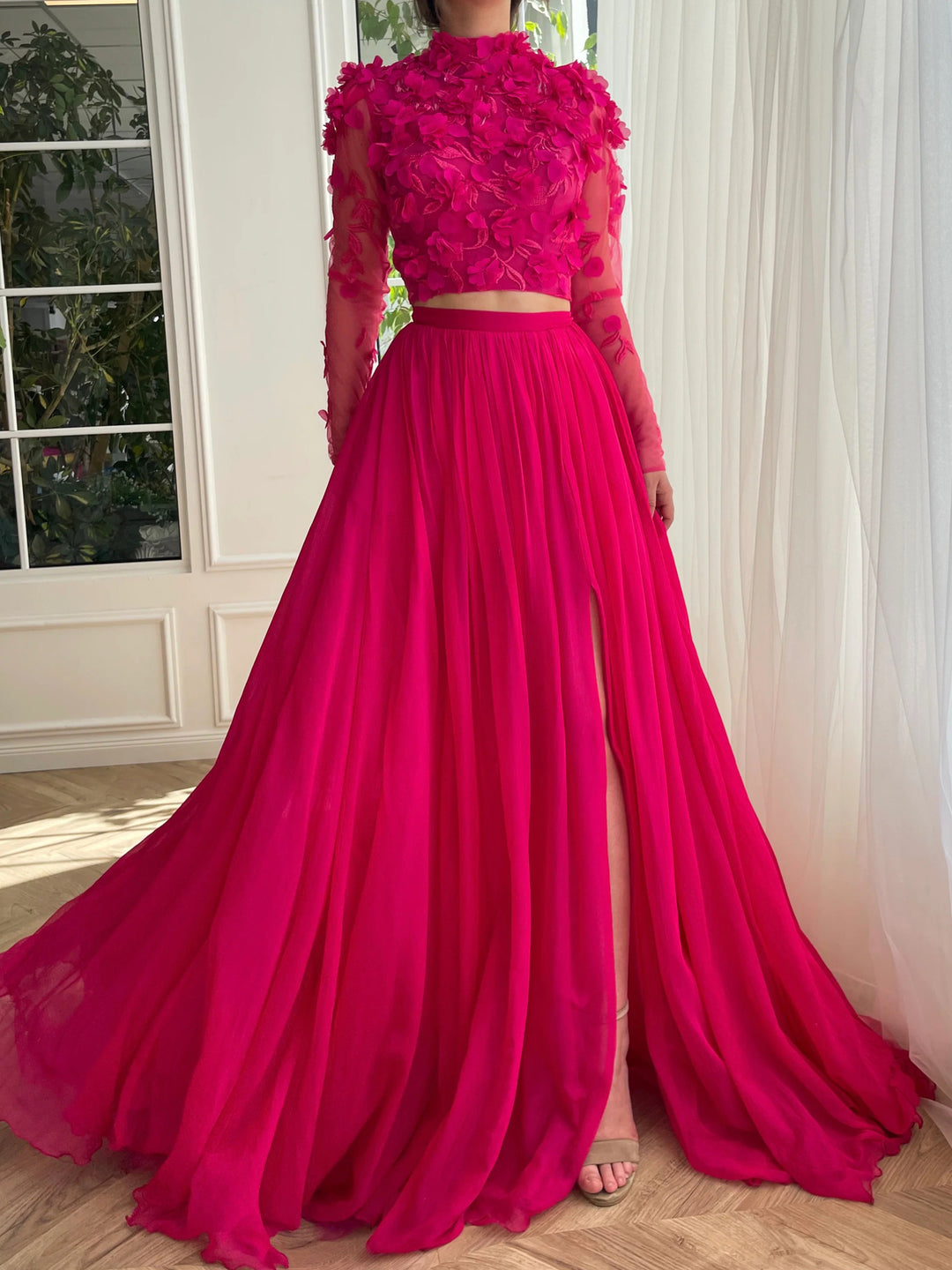 A-Line/Princess High Neck Long Sleeve Long Prom Dresses With Split Side/Appliques BabaMila