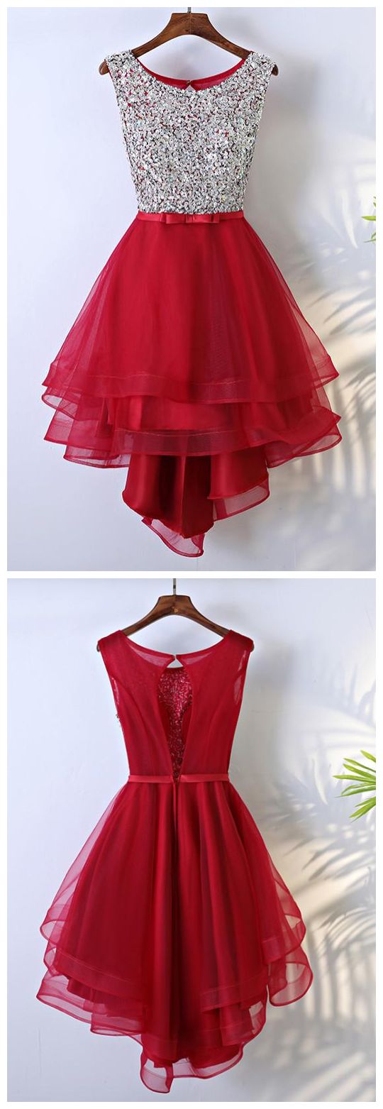 High Low Homecoming Dresses Red Beading A line Short Prom Dress Cute Party Dress Homecoming Dress BabaMila