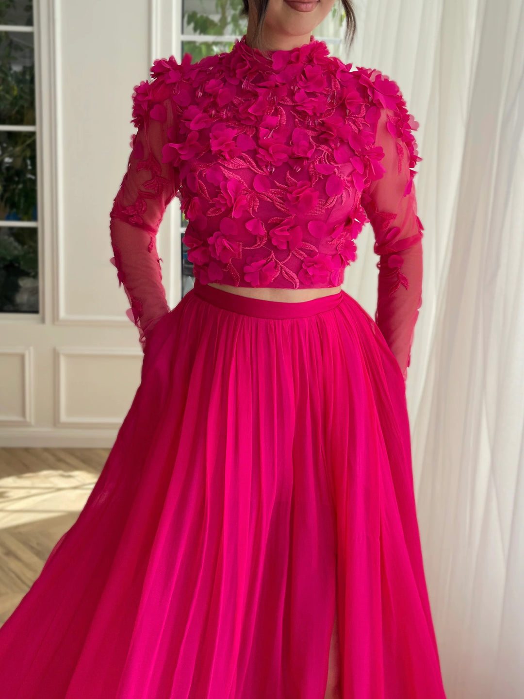 A-Line/Princess High Neck Long Sleeve Long Prom Dresses With Split Side/Appliques BabaMila