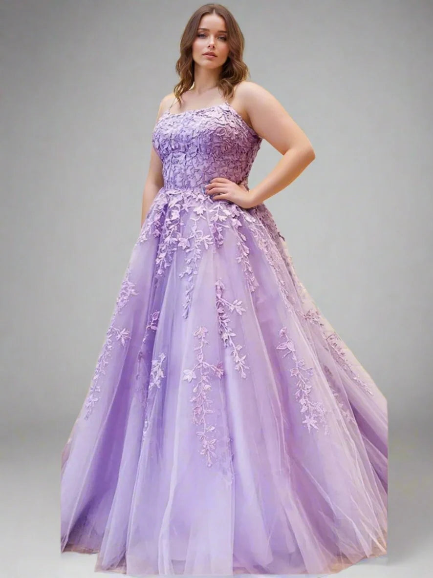 A-Line/Princess Spaghetti Straps Prom Dresses Sleeveless Floor-Length Evening Party Dress with Appliques BabaMila