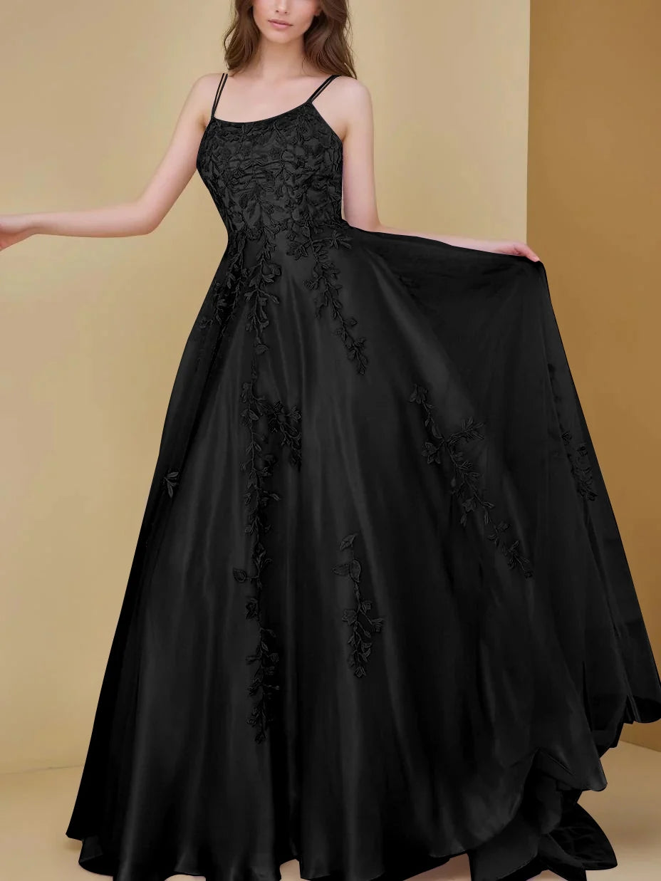 A-Line/Princess Spaghetti Straps Prom Dresses Sleeveless Floor-Length Evening Party Dress with Appliques BabaMila