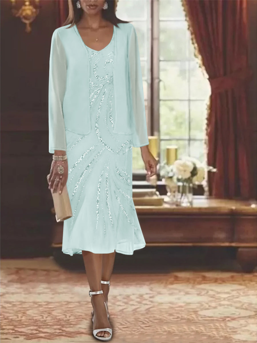 Chiffon 2 Pieces V-Neck Knee-Length Mother Of The Bride Dresses With Jacket & Sequins BabaMila