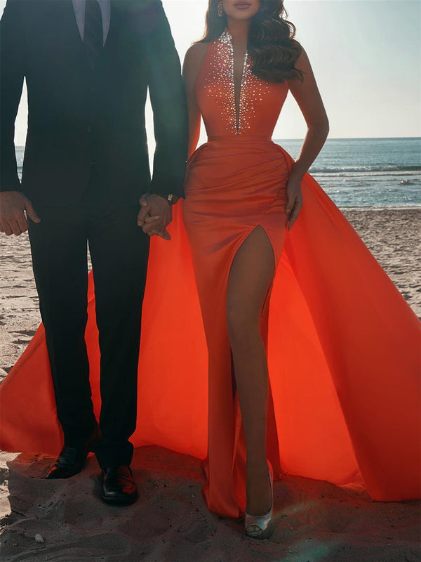 Sheath/Column Halter Sweep Train/Floor-length Prom Dresses With Beads BabaMila