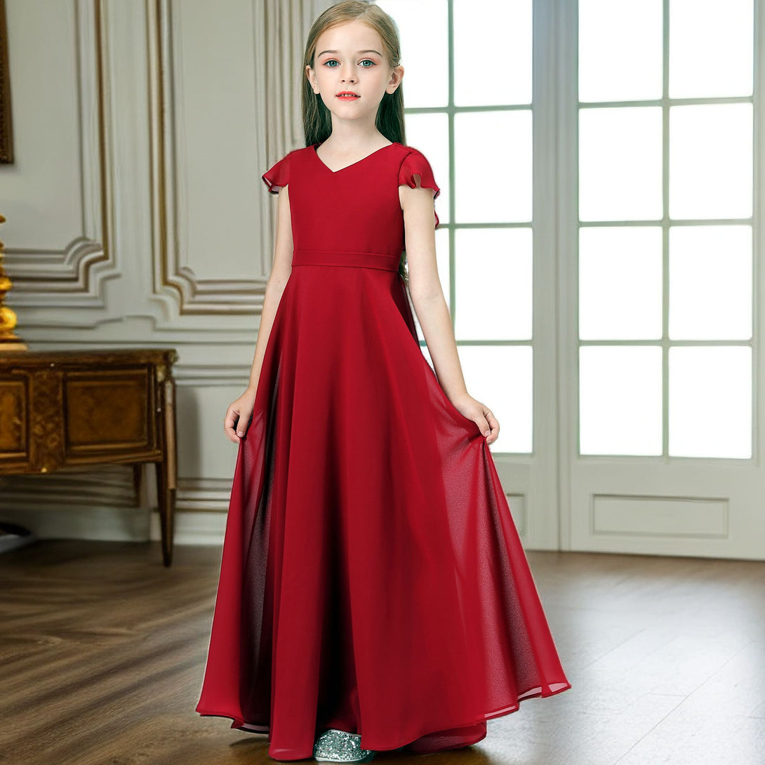 V-Neck Flutter Straps Chiffon Junior Bridesmaid Dresses/Girls Birthday Dresses With Belt Gidiondress