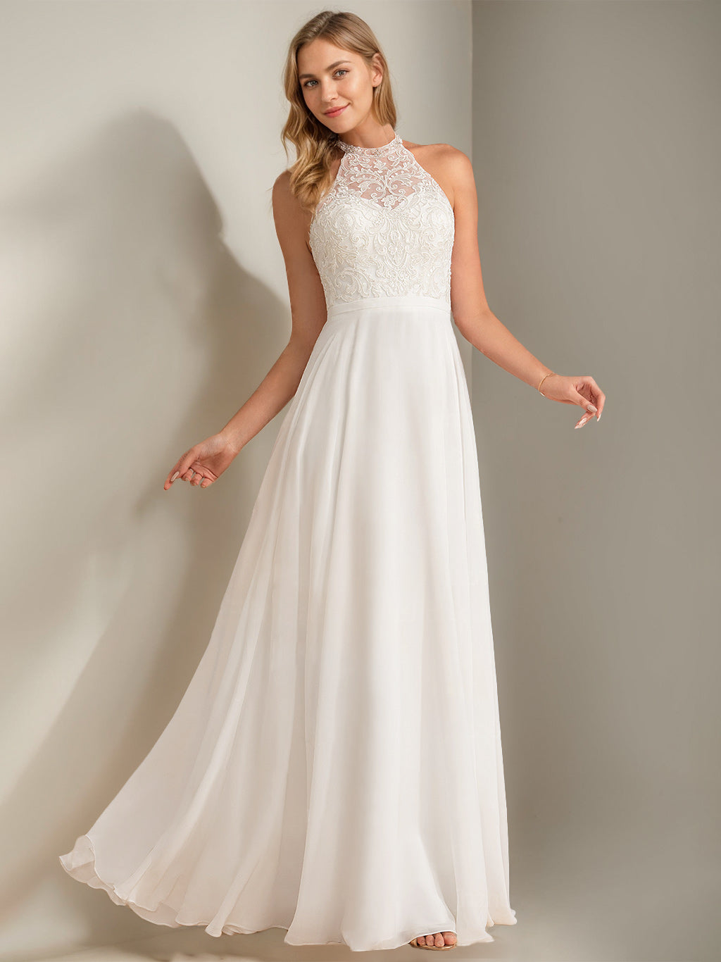 A-Line/Princess Halter Neck Sleeveless Floor-Length Wedding Dress with Lace Appliques BabaMila