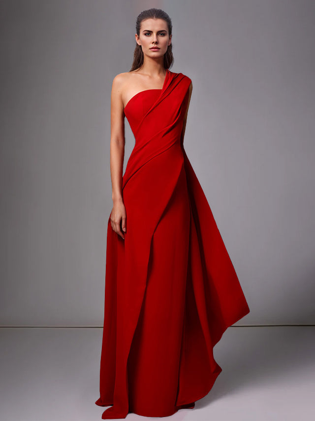 Sheath/Column One-Shoulder Sleeveless Red Evening Dresses With Pleats Ruched BabaMila