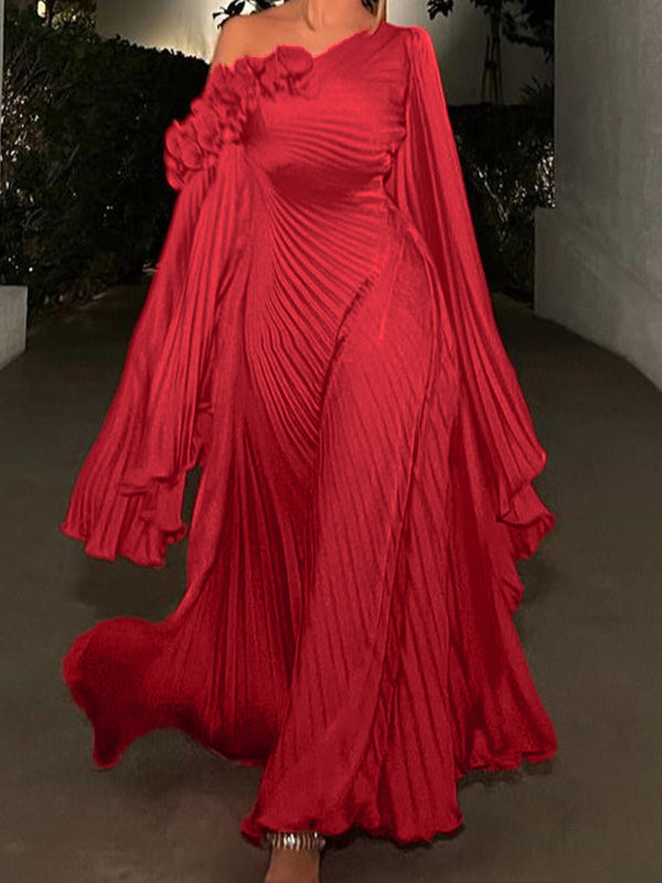 A-Line/Princess One-Shoulder Long Sleeves Floor-Length Plus Size Evening Dresses With Cascading Ruffles BabaMila