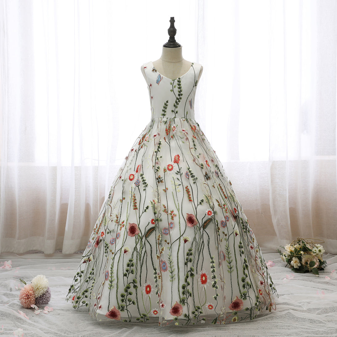 V-Neck Sleeveless Floor-Length Lace/Satin Flower Girl Dresses With Belt Gidiondress